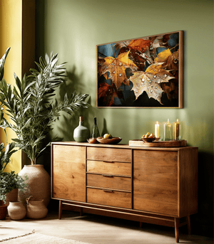 Framed autumn leaves wall art print in amber gold and mahogany tones