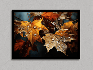 Framed autumn leaves wall art print in amber gold and mahogany tones
