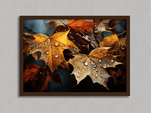 Framed autumn leaves wall art print in amber gold and mahogany tones