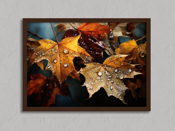 Canvas wall art of autumn leaves in amber, gold, and mahogany with dewdrops. A warm, vibrant seasonal print. Ready to hang.