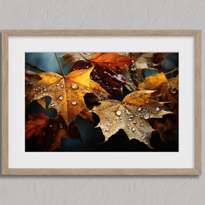 Canvas wall art of autumn leaves in amber, gold, and mahogany with dewdrops. A warm, vibrant seasonal print. Ready to hang.