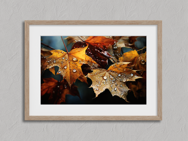 Canvas wall art of autumn leaves in amber, gold, and mahogany with dewdrops. A warm, vibrant seasonal print. Ready to hang.