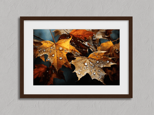 Framed autumn leaves wall art print in amber gold and mahogany tones