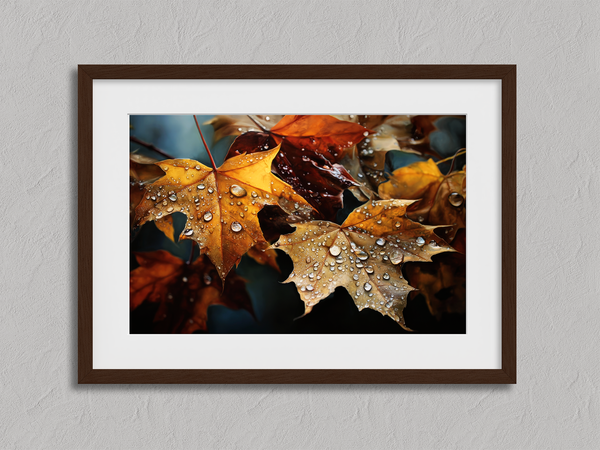Canvas wall art of autumn leaves in amber, gold, and mahogany with dewdrops. A warm, vibrant seasonal print. Ready to hang.