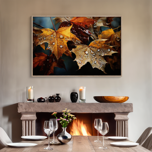 Canvas wall art of autumn leaves in amber, gold, and mahogany with dewdrops. A warm, vibrant seasonal print. Ready to hang.