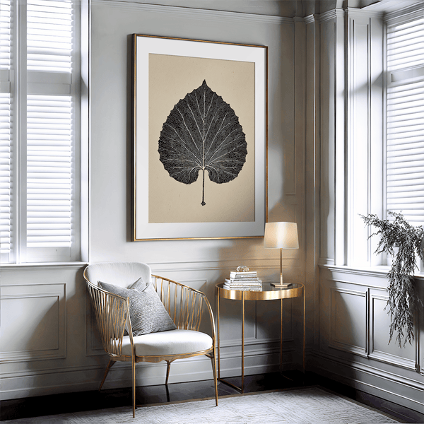 Framed botanical print of a single aspen leaf in fine line art. Minimalist, organic wall decor with timeless natural elegance.