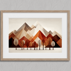 Framed wall art with warm tones and minimalist mountainscape during autumn. A calming, earthy abstract print. Ready to hang.