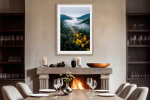 Autumn landscape wall art print styled in a calm neutral interior