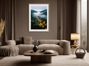 Autumn landscape wall art print styled in a calm neutral interior