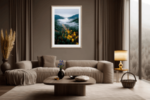 Autumn landscape wall art print styled in a calm neutral interior