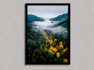 Framed misty valley autumn landscape print by Atelier Lumin