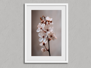 Blossom in Still Air – Cherry Blossom Wall Art Print in a white frame with a mount