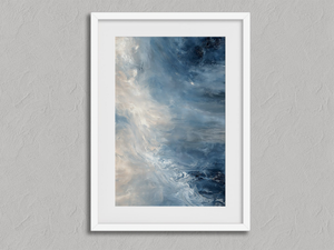 Blue Current – Abstract Blue Wall Art Print in a white frame with a mount