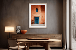 Moroccan street scene wall art styled in a warm neutral interior