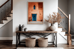 Moroccan street scene wall art styled in a warm neutral interior