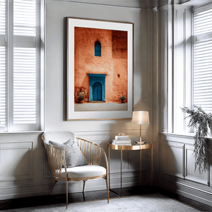 Moroccan street scene wall art styled in a warm neutral interior