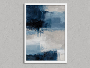 Blue Intervals – Blue Abstract Wall Art Print in a white frame, no mount