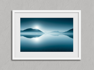 Blue Mirror – Mountain Lake Wall Art Print in a white frame with a mount
