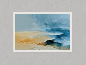 Blue Tides, Golden Shore – Abstract Coastal Wall Art Print, unframed print with a white border