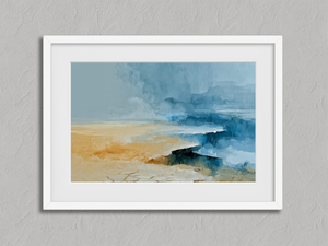 Blue Tides, Golden Shore – Abstract Coastal Wall Art Print in a white frame with a mount