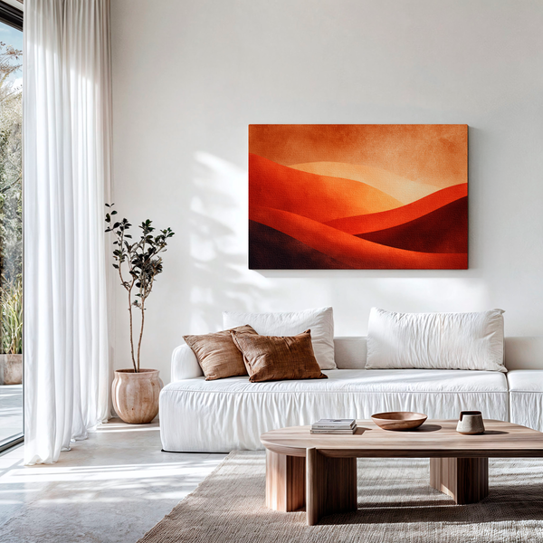 Large abstract canvas above a beautiful modern living room.