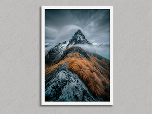 Cloudbound Peak – Snowy Mountain Wall Art Print in a white frame, no mount