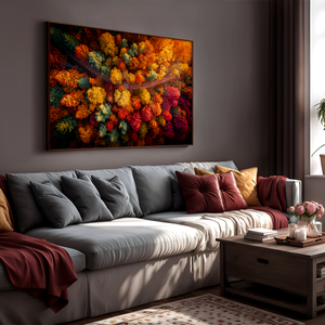 Canvas wall art of an autumn forest from above in crimson, gold, and flame hues. A vibrant seasonal landscape print. Ready to hang.