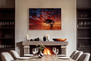 Ocean sunrise wall art print styled in a calm neutral interior
