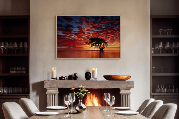 Framed wall art of a solitary ocean tree at sunrise. A serene fine art print capturing dawn’s quiet light over sea and sky.