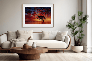 Ocean sunrise wall art print styled in a calm neutral interior