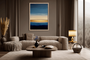 Framed abstract seascape wall art print in blue and gold tones