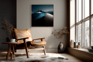 Moonlit desert wall art print styled in a calm neutral interior