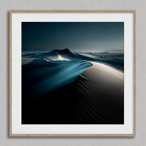 Framed desert moonlight wall art in deep blues and soft whites. A calming nightscape that brings quiet wonder to any room. 
