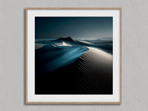 Framed desert wall art print with moonlit dunes in deep blue tones