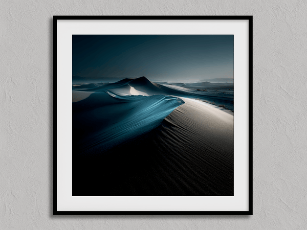 Framed desert moonlight wall art in deep blues and soft whites. A calming nightscape that brings quiet wonder to any room. 