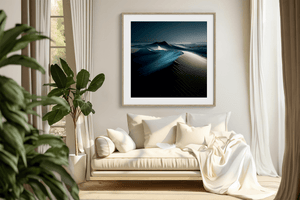 Moonlit desert wall art print styled in a calm neutral interior