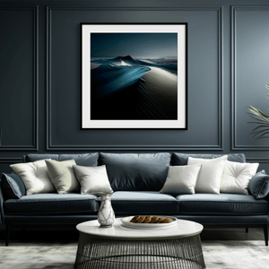 Framed desert moonlight wall art in deep blues and soft whites. A calming nightscape that brings quiet wonder to any room. 