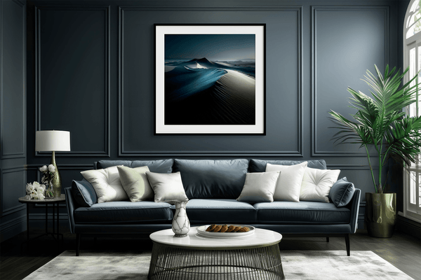 Framed desert moonlight wall art in deep blues and soft whites. A calming nightscape that brings quiet wonder to any room. 
