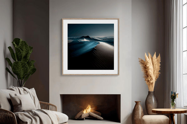 Framed desert moonlight wall art in deep blues and soft whites. A calming nightscape that brings quiet wonder to any room. 
