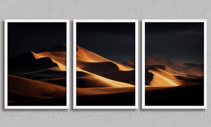 Desert Serenity – Golden Desert Triptych Wall Art Print in a white frame, no mount