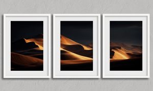 Desert Serenity – Golden Desert Triptych Wall Art Print in a white frame with a mount