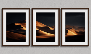 Framed golden desert dunes triptych print by Atelier Lumin