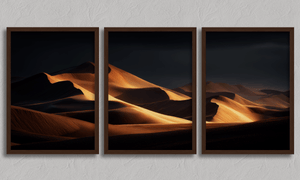Framed golden desert dunes triptych print by Atelier Lumin