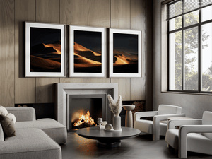 Desert dunes triptych wall art styled in a warm neutral interior
