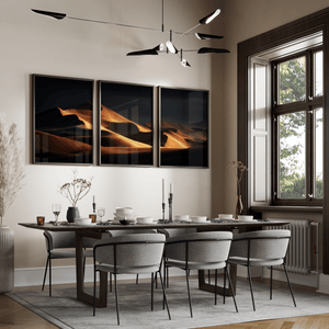 Desert dunes triptych wall art styled in a warm neutral interior