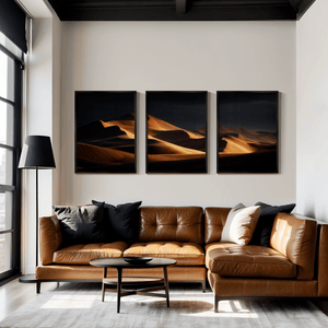 Desert dunes triptych wall art styled in a warm neutral interior