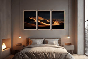 Desert dunes triptych wall art styled in a warm neutral interior