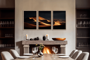 Desert dunes triptych wall art styled in a warm neutral interior
