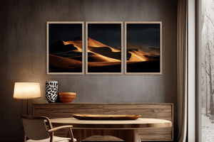 Desert dunes triptych wall art styled in a warm neutral interior