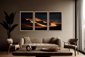 Golden desert triptych wall art print with rolling dunes at sunset